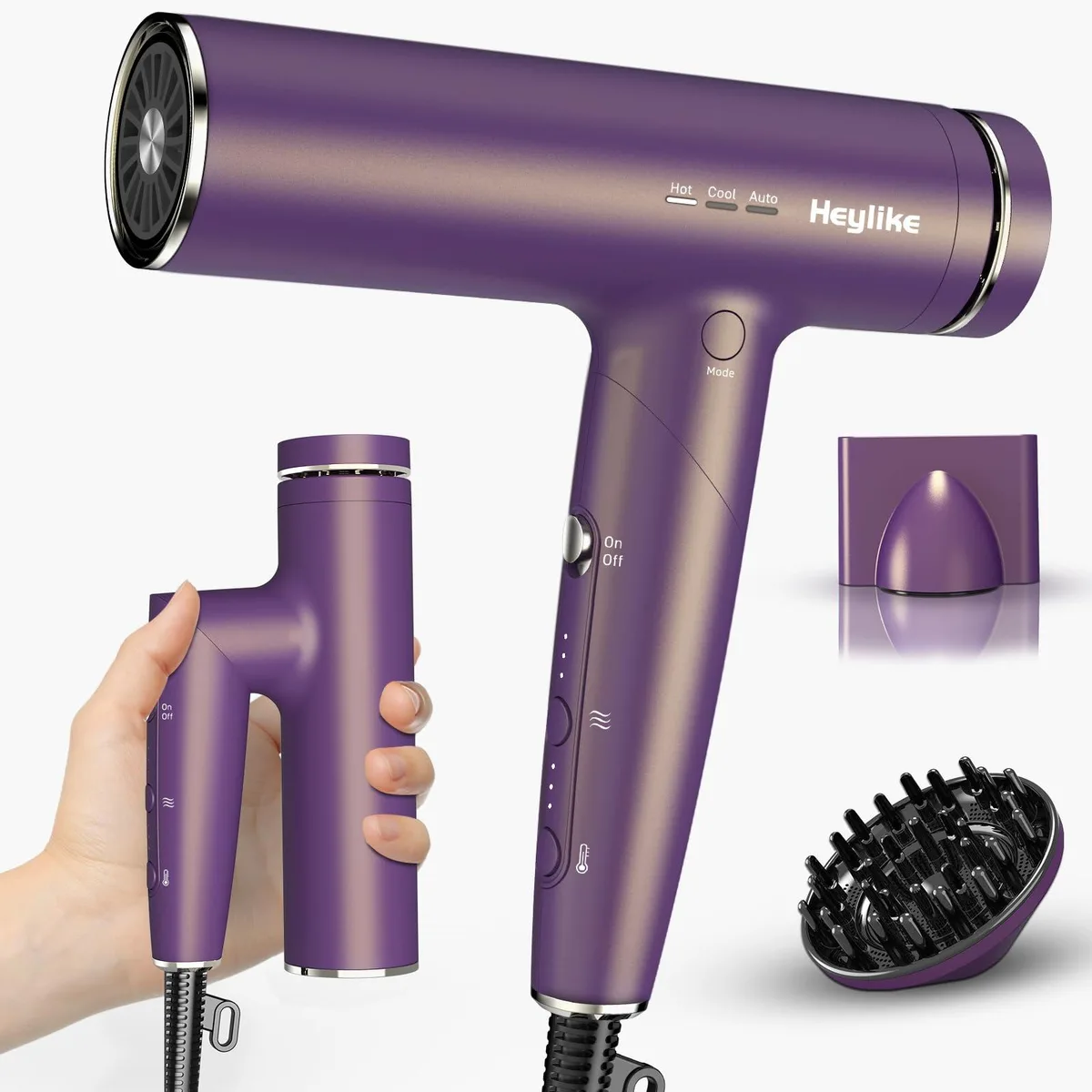 Purple foldable hair dryer with concentrator nozzle, compact rectangular shape, matte finish