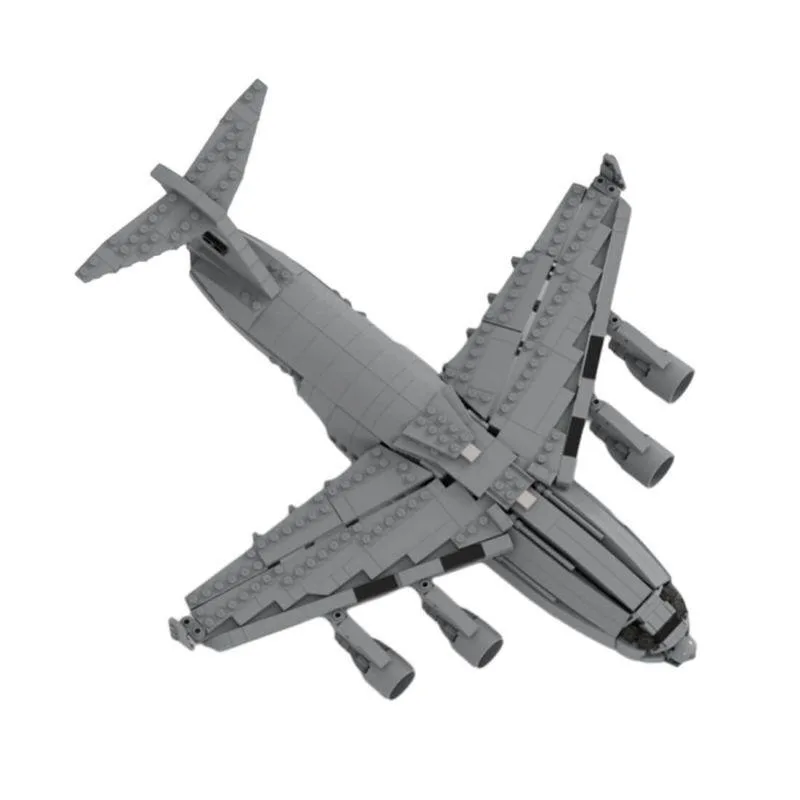 Colourful plastic C-17 Globemaster cargo plane model built from 952 interlocking bricks