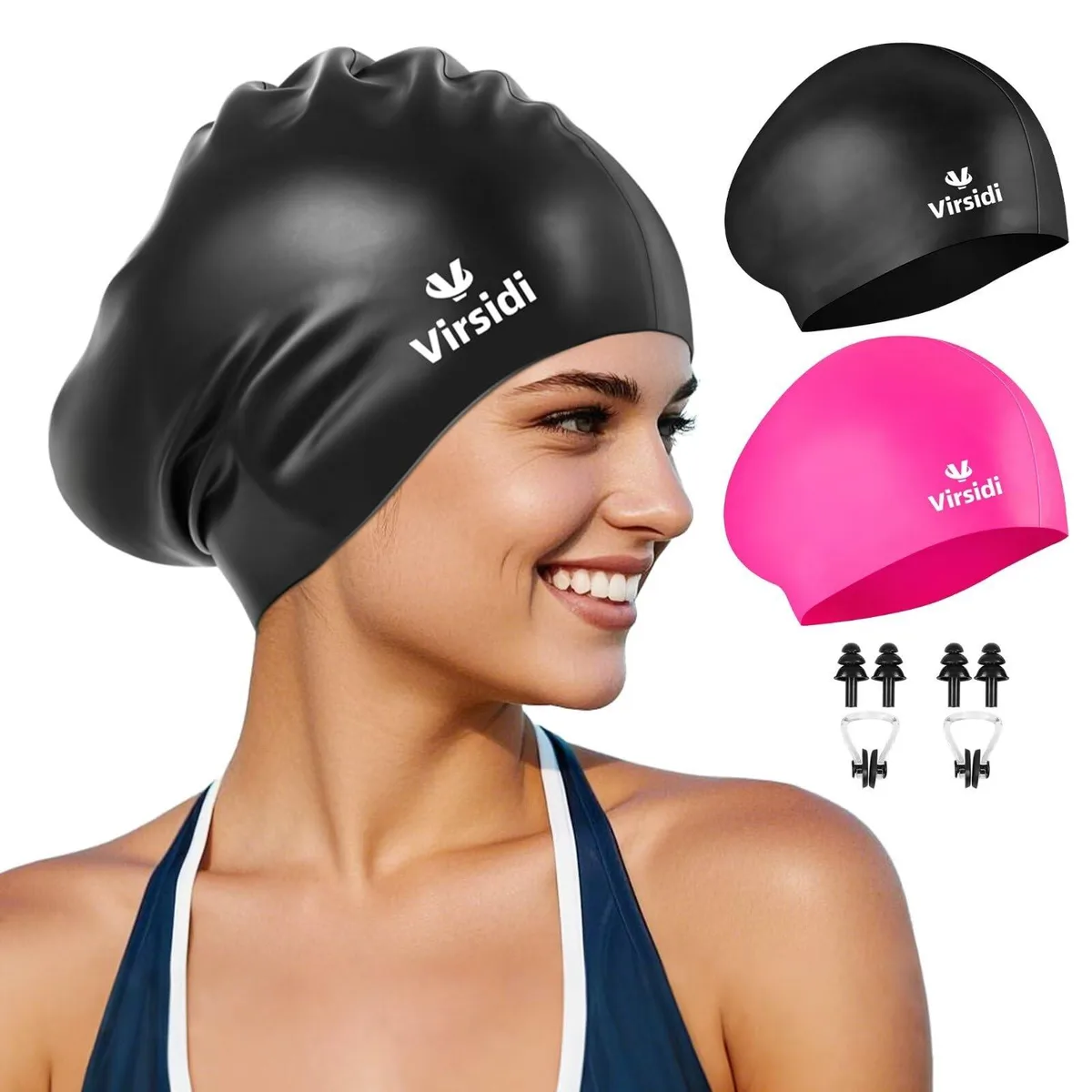  VIRSIDI Silicone Swim Cap 2-Pack Black &amp; Rose with Nose Clip Earplugs — product photo