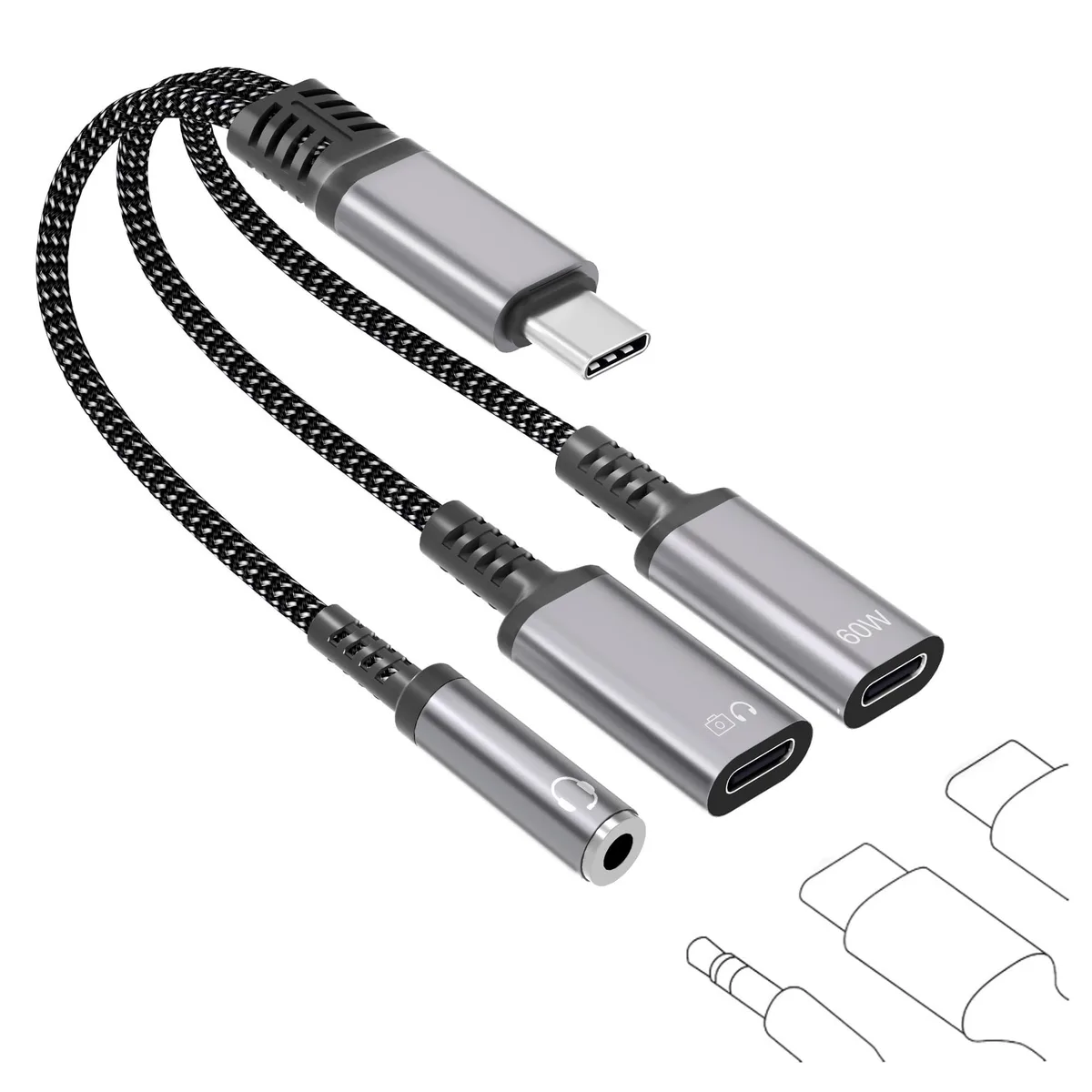 Compact white USB-C dongle with 3.5 mm jack and two USB-C ports