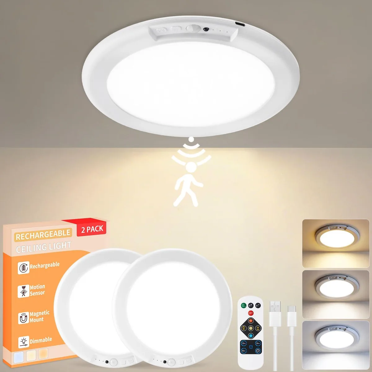 Two white round LED lights with clear prismatic lenses, magnetic mount, USB-C cables and remote control