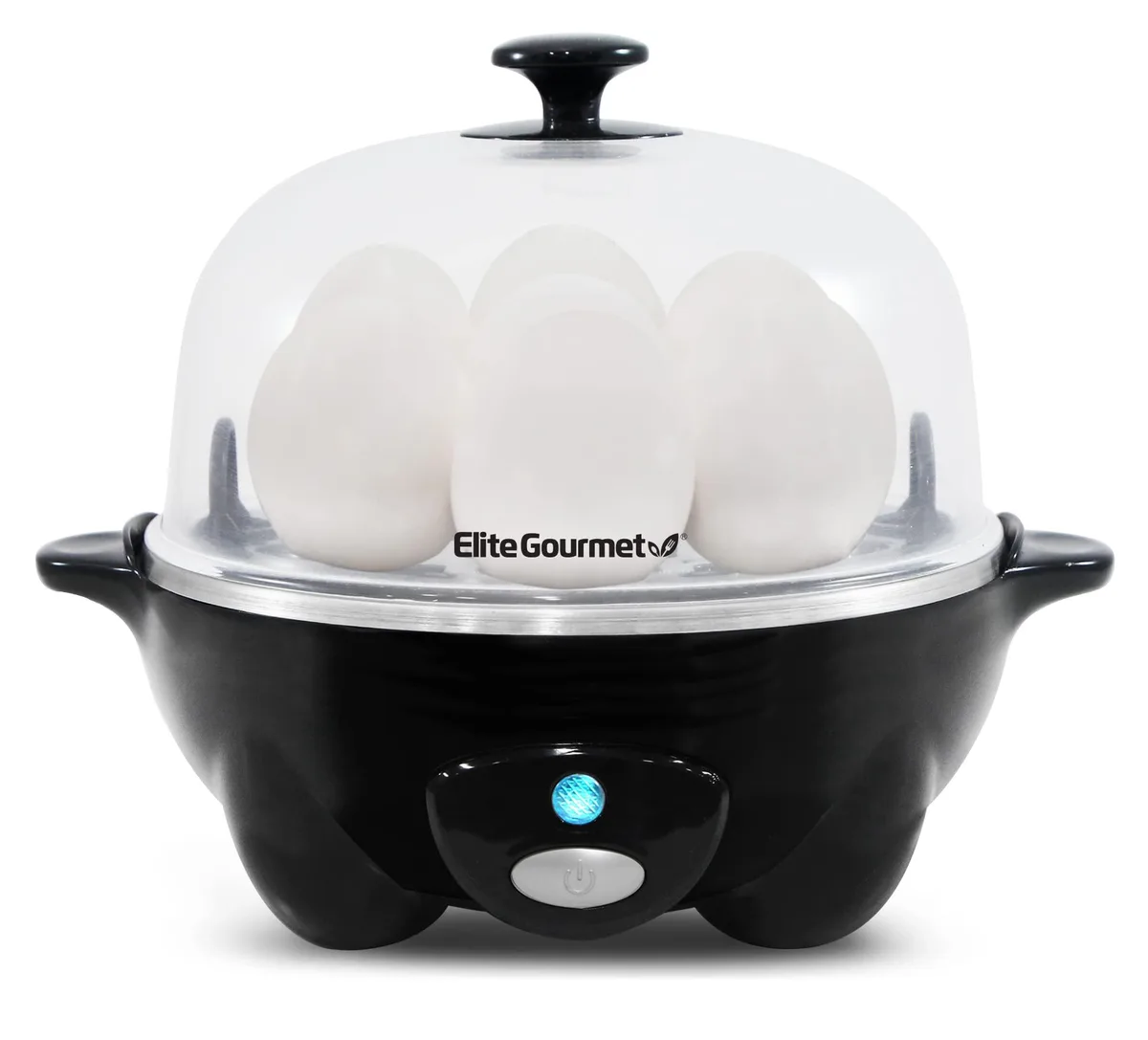 Black compact egg cooker with clear lid and stainless steel base
