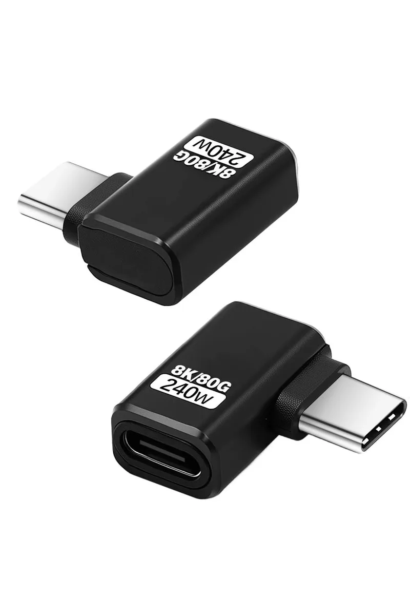 Two black right-angle USB-C adapters, compact 90-degree connectors