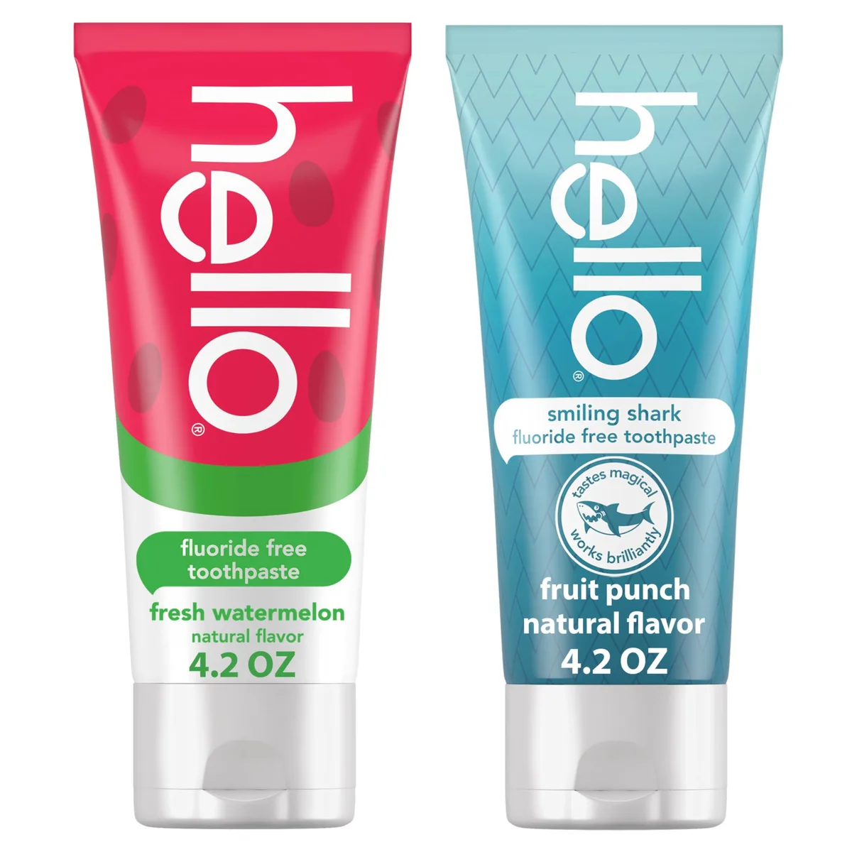 Two 4.2 oz fluoride-free kids toothpaste tubes, fruit punch and watermelon flavors