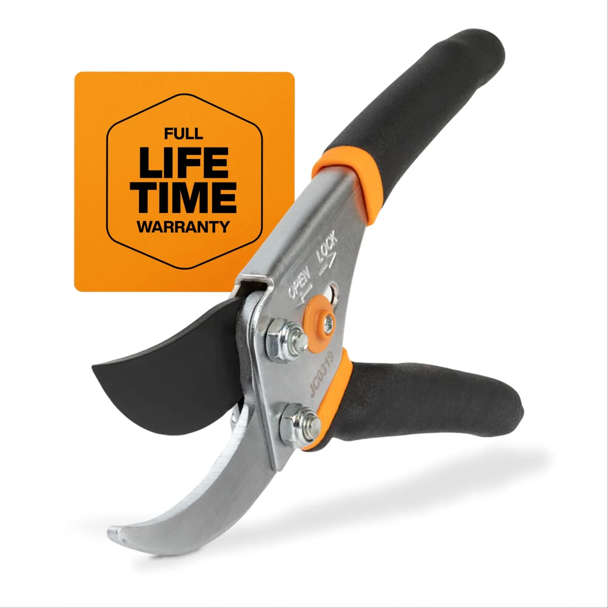 Black Fiskars bypass pruning shears with steel blades and ergonomic handles