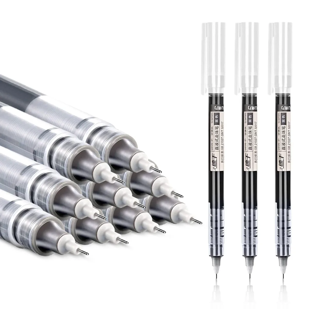Transparent plastic rollerball pens with black ink, 0.5 mm tip, pack of 12