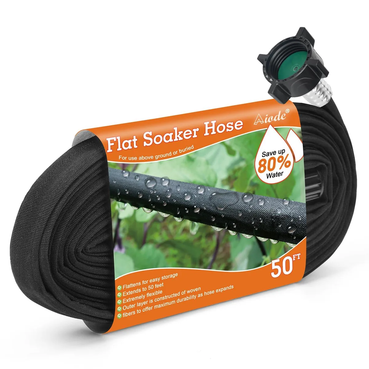 Flat soaker hose, fifty foot coil, dark porous fabric texture