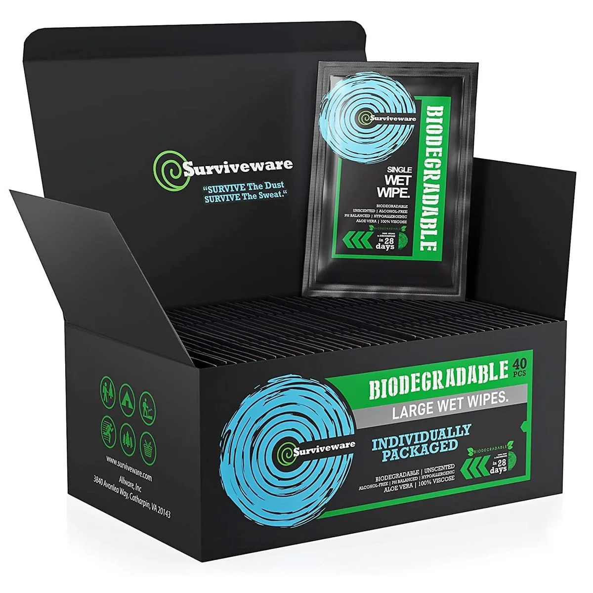 Rectangular pack of biodegradable body wipes, unscented, 40 count