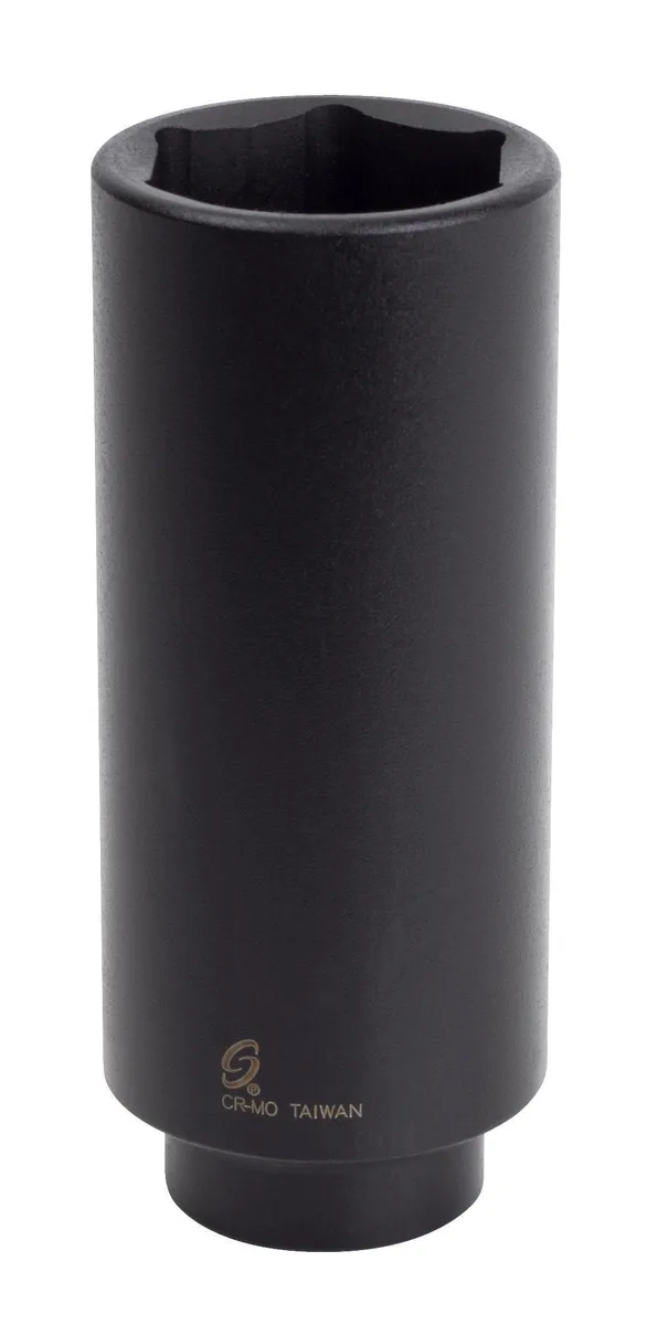 A black phosphate finished 1/2-inch drive extra deep impact socket with 6-point geometry