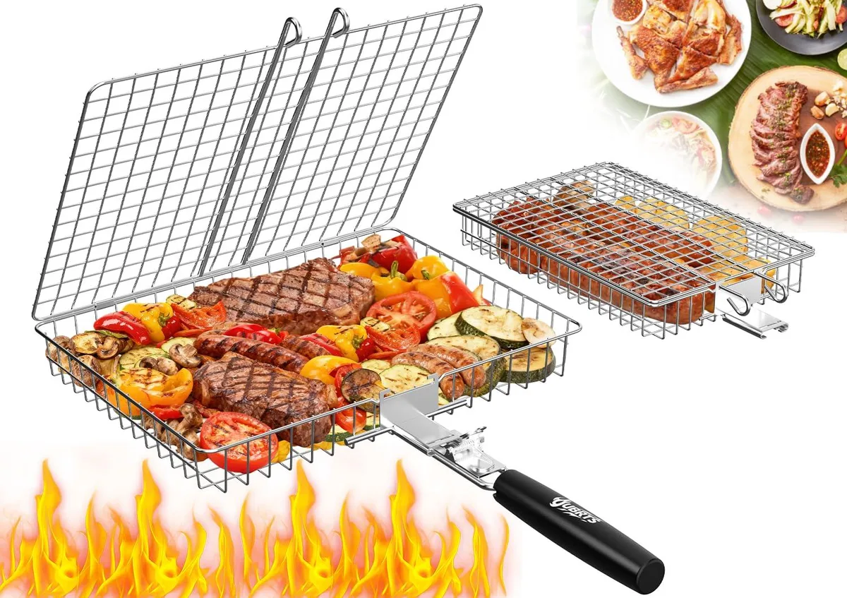 Two rectangular stainless steel grill baskets with detachable wooden handles