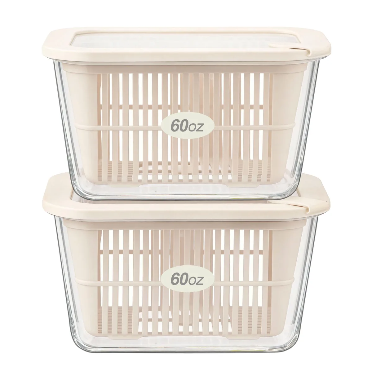 Two square red glass containers with glass-and-silicone lids and removable colanders