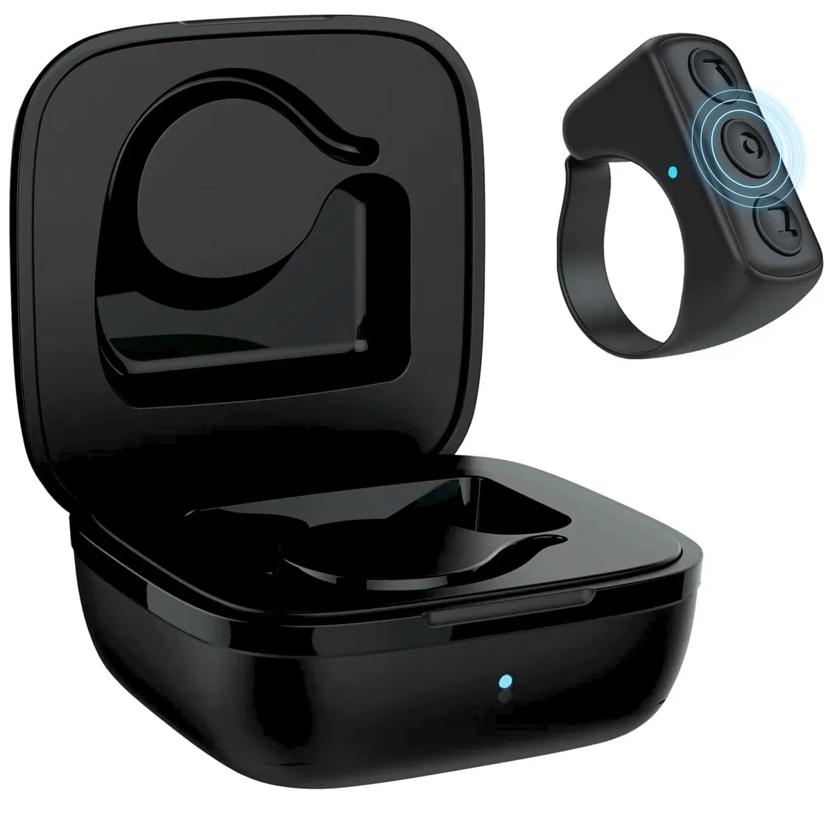 Black Bluetooth remote ring with charging case and Type-C cable