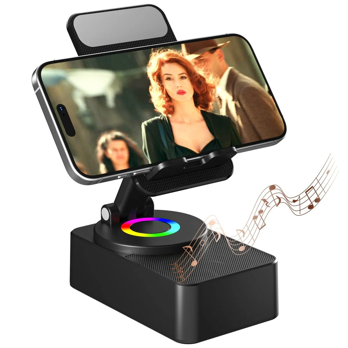 Black foldable phone stand with Bluetooth 5.3 speaker and LED lights