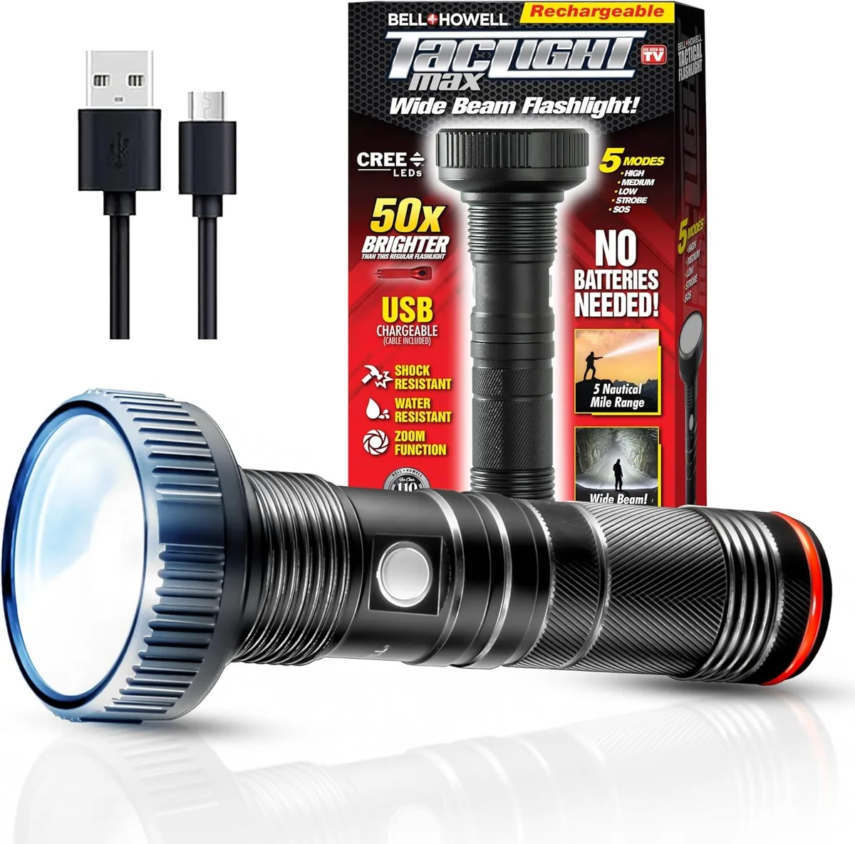 Compact aluminium flashlight with textured grip and USB cable