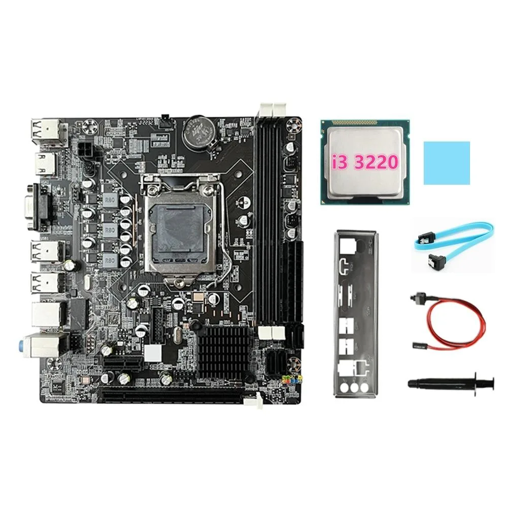 YINGHUA YINGHUA B75 server motherboard with i3-3220 CPU, SATA cable, switch cable, baffle — product photo