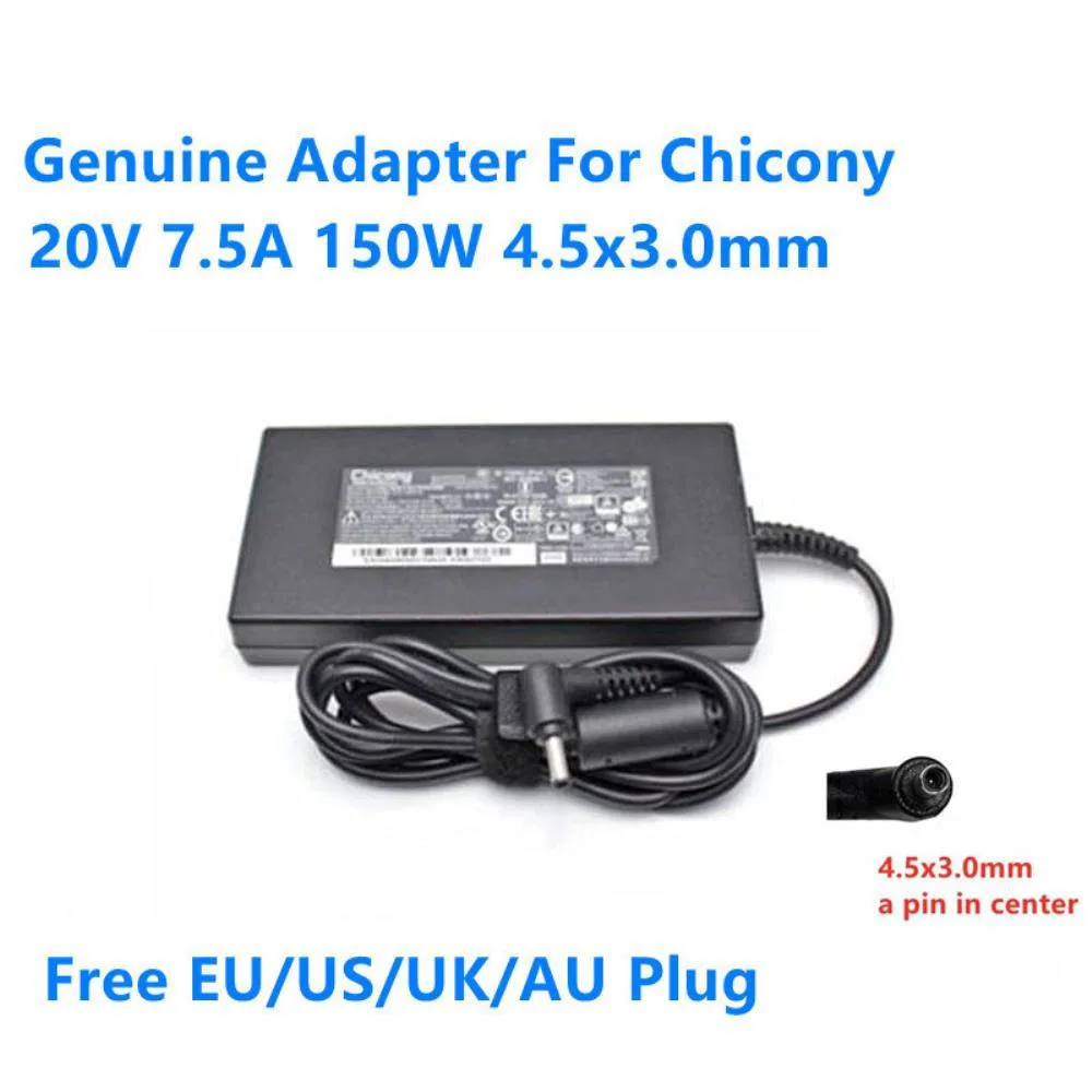Black rectangular power brick with 4.5x3.0mm barrel connector and detachable power cord