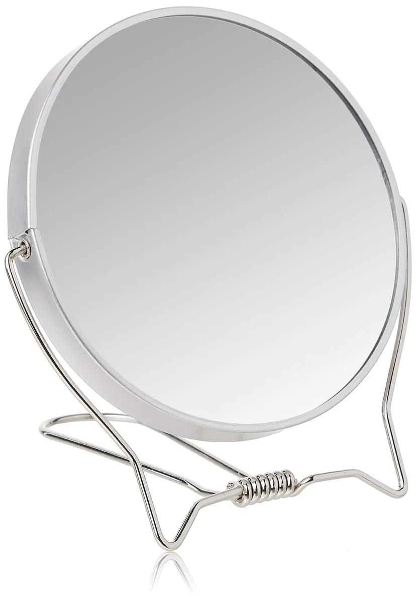 Round two-sided mirror with silver polished metal frame and stand, 7.1 inches