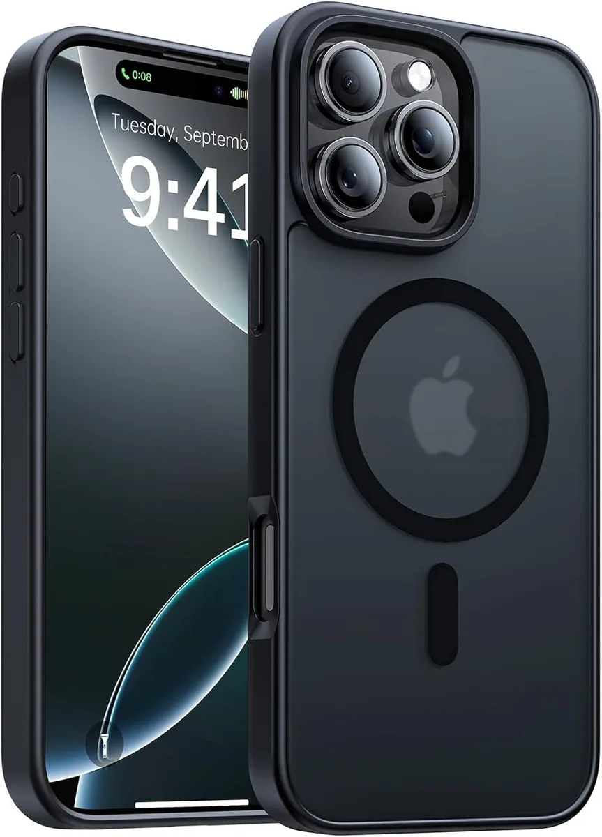Black translucent matte magnetic case for iPhone 16 Pro Max with raised camera and screen edges