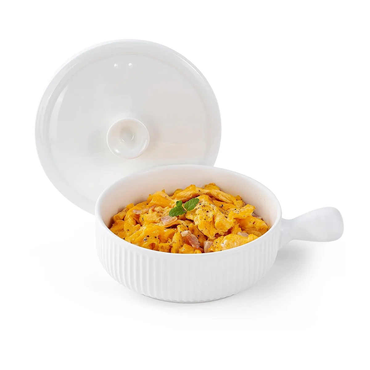 White ceramic microwave egg cooker with vented lid and hollow handle