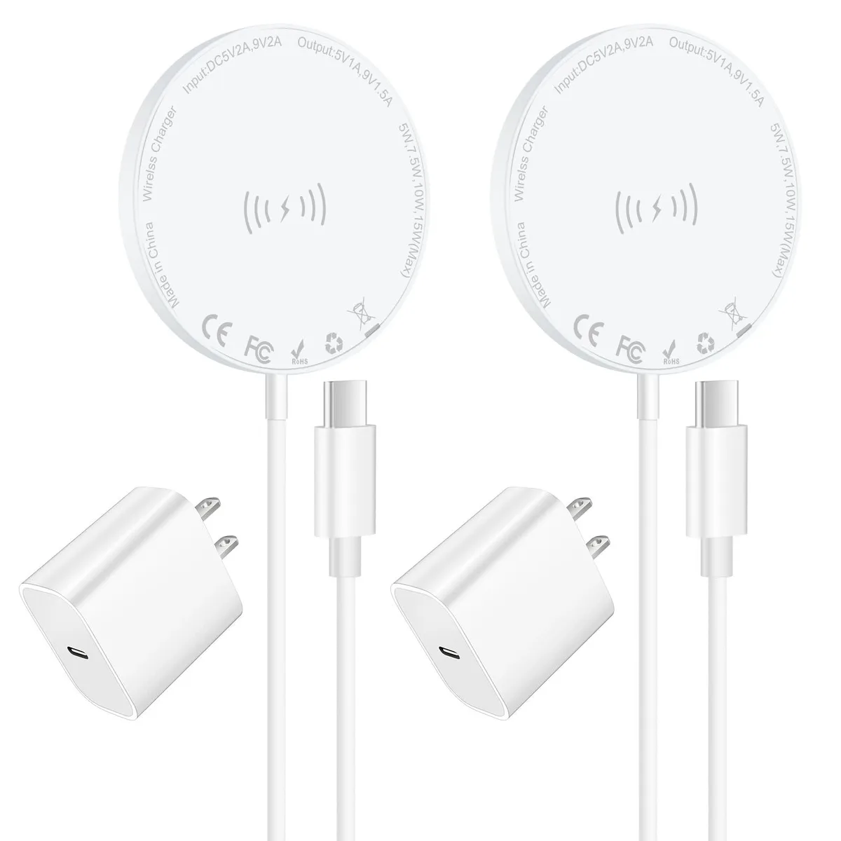 Two white circular MagSafe charging pads with USB-C cables