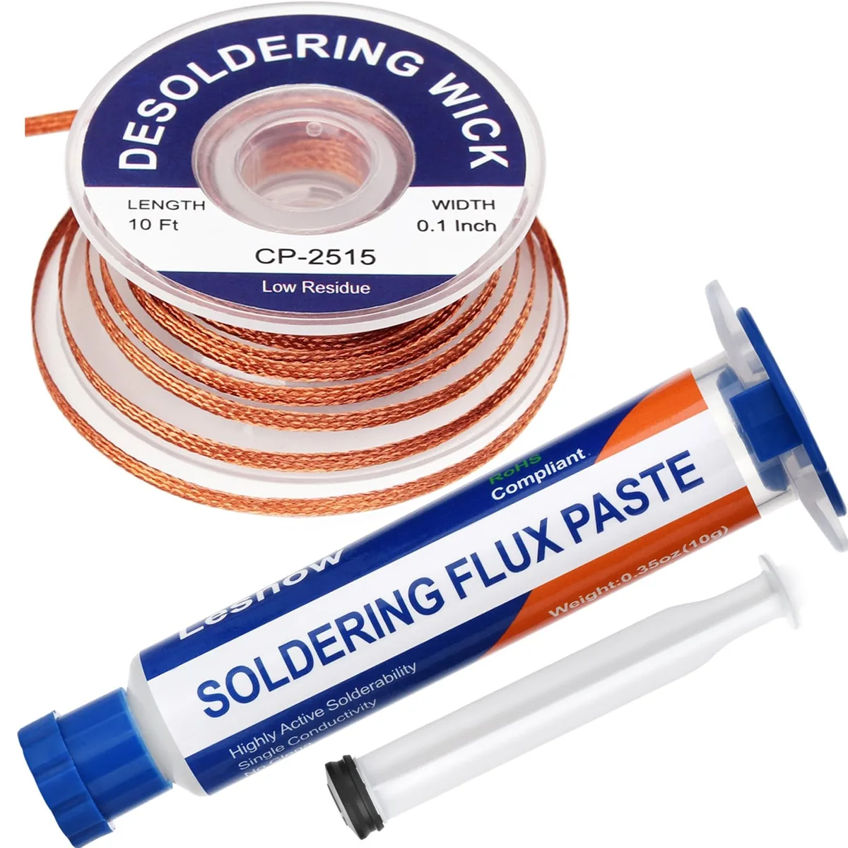  Solder Flux Paste 10cc and Desoldering Wick Braid 10ft .1in No Clean — product photo