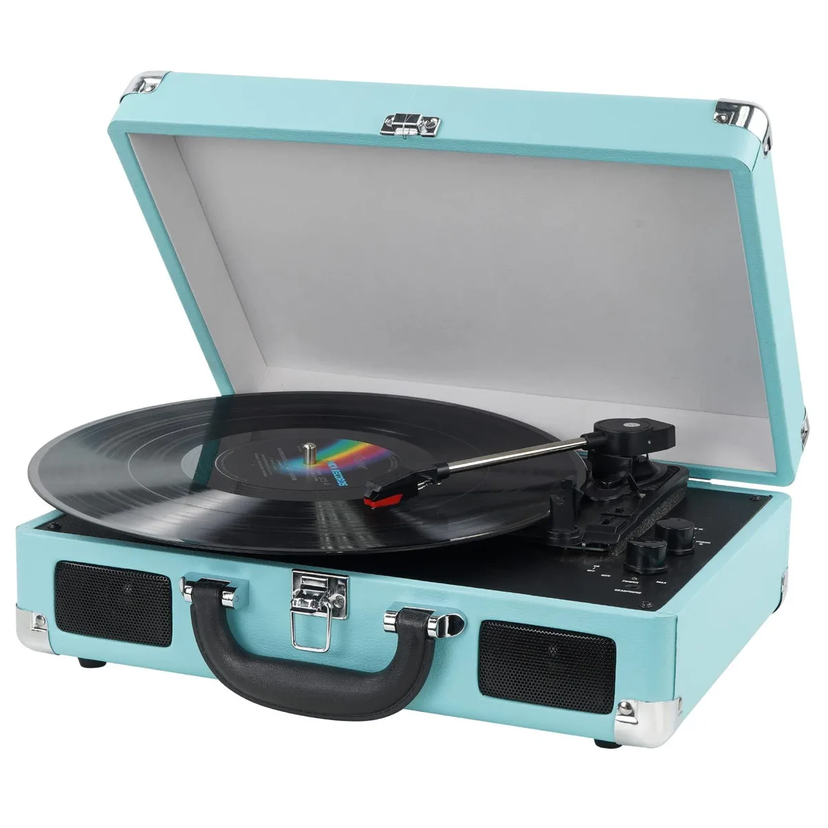 Blue suitcase-style portable turntable with chrome latches and built-in speakers