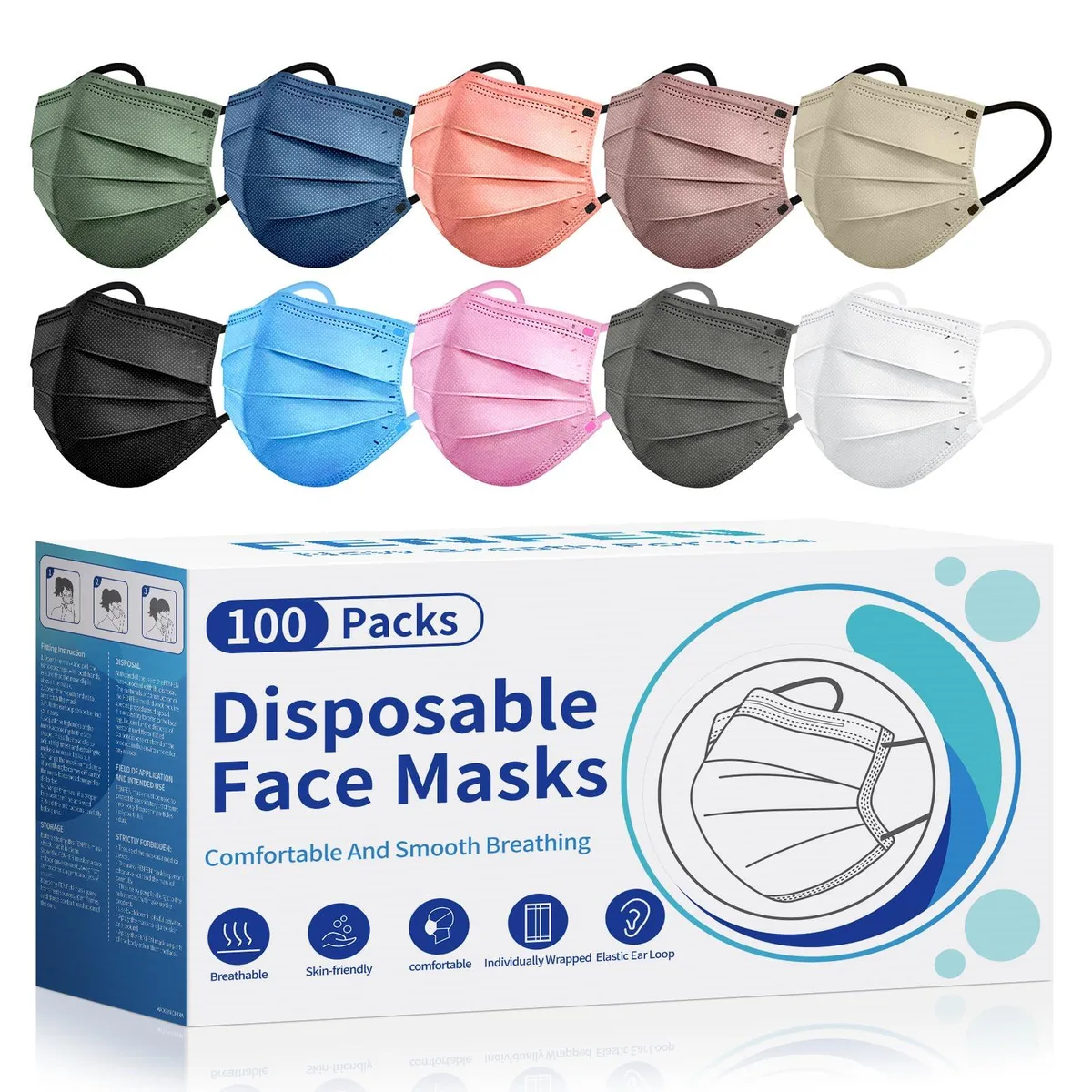  FENFEN Disposable Face Masks 100 Pack 10 Colors 4-Ply Individually Wrapped — product photo