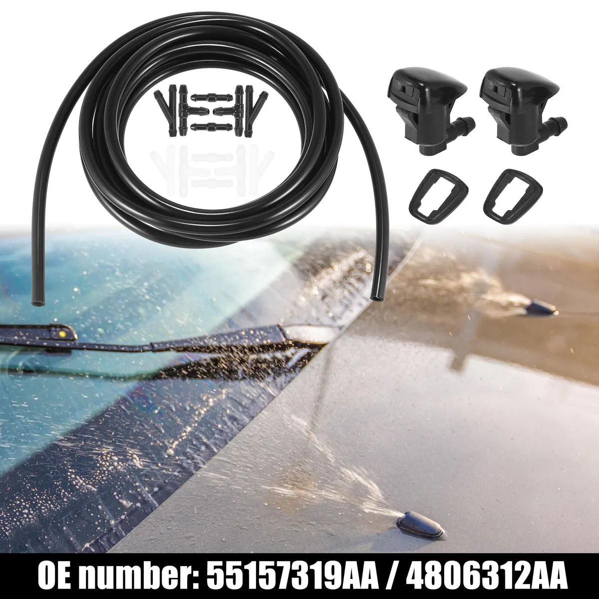 Black plastic windshield washer nozzle kit with 3 metre hose and twelve connectors