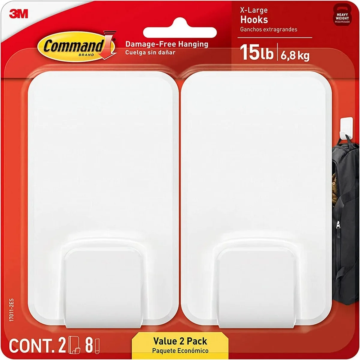  Command 15 Lb XL Heavyweight Wall Hook 2 White Hooks 8 Strips — product photo