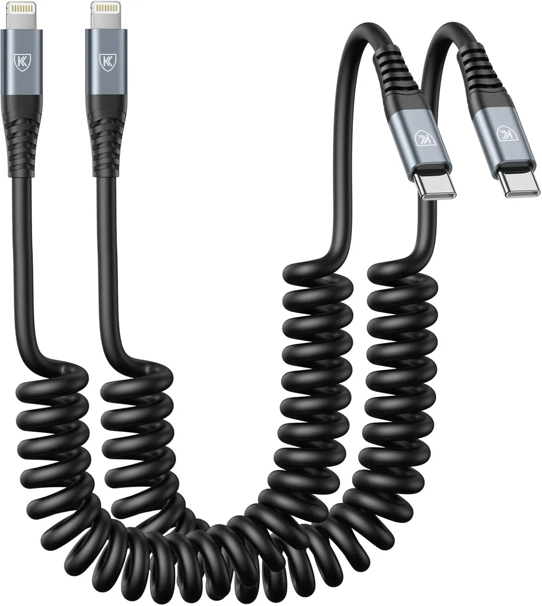 lelisten lelisten USB-C to Lightning coiled cable 2-pack 1.5-3ft MFi 480Mbps 3A fast charge car charger — product photo