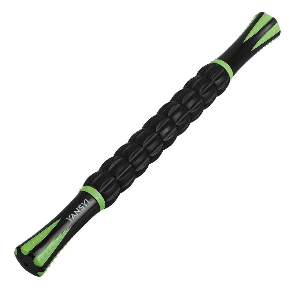 Black 9-roller massage stick, 17.5 inches long, non-slip handles, ABS rollers on steel core