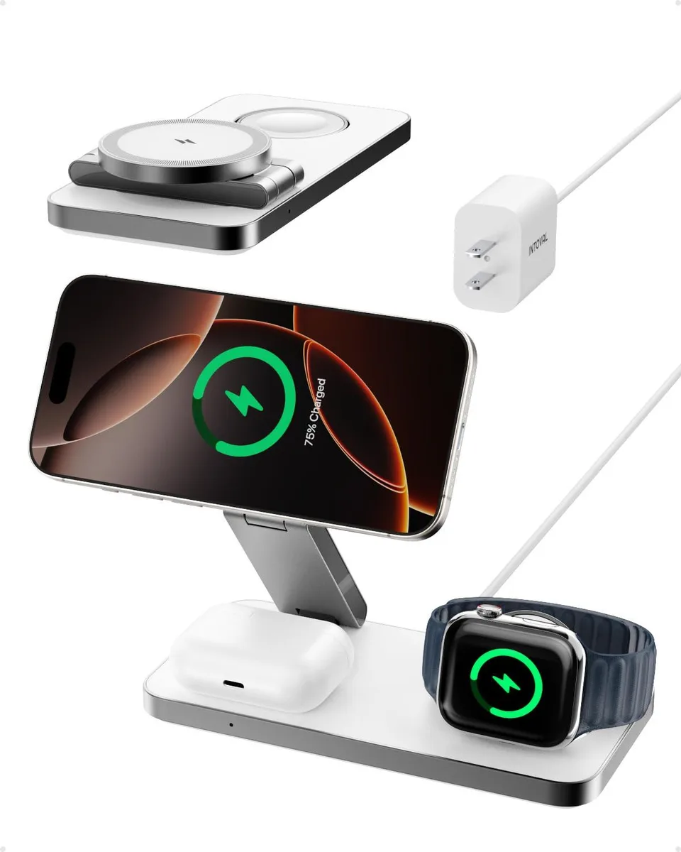 White foldable 3-in-1 wireless charger for iPhone, Apple Watch, AirPods