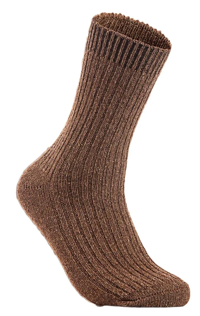 Pair of brown wool crew socks, ribbed cuffs, smooth knit