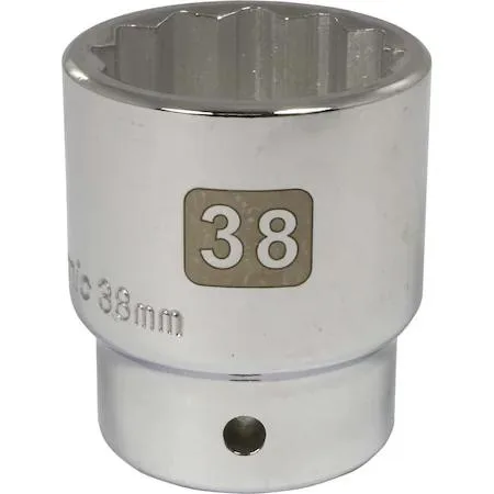 A chrome 3/4 inch drive 38mm 12 point socket with knurled ring and laser etched markings