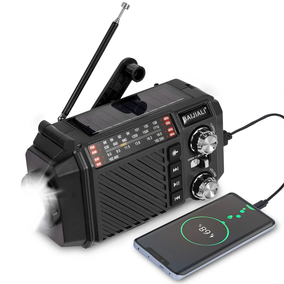  BAIJIALI Emergency Weather Radio AM/FM/SW/WB 2600mAh Black — product photo
