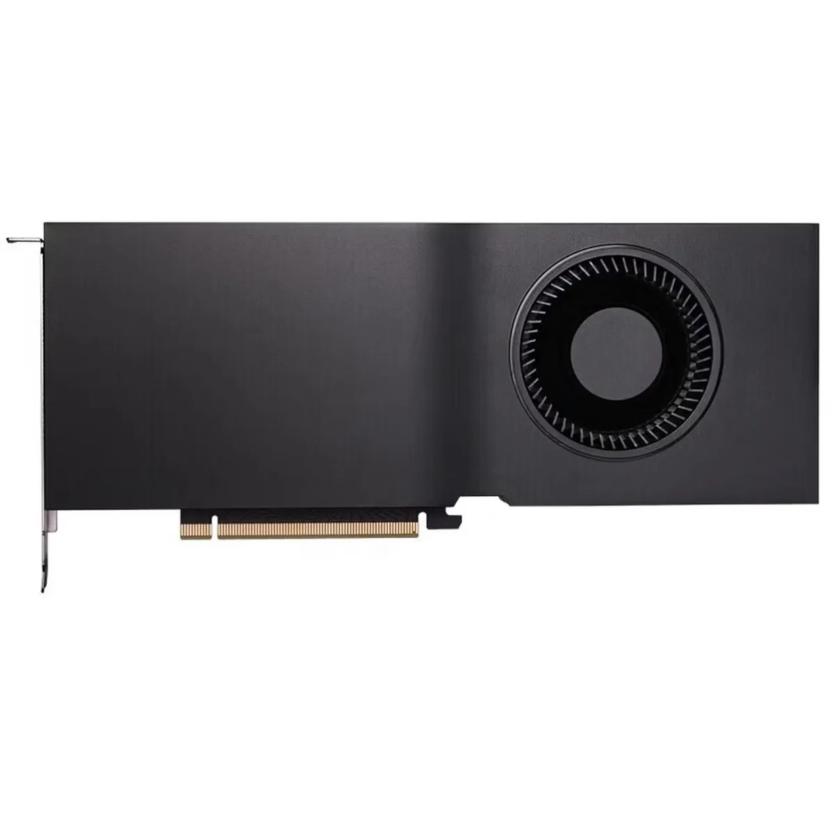 Full-height dual-slot graphics card with silver shroud, black backplate, four DisplayPort connectors