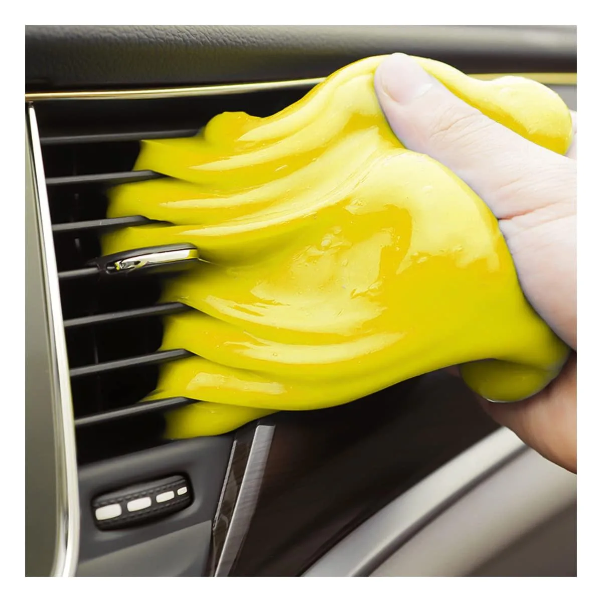 Yellow cleaning gel putty in a white container
