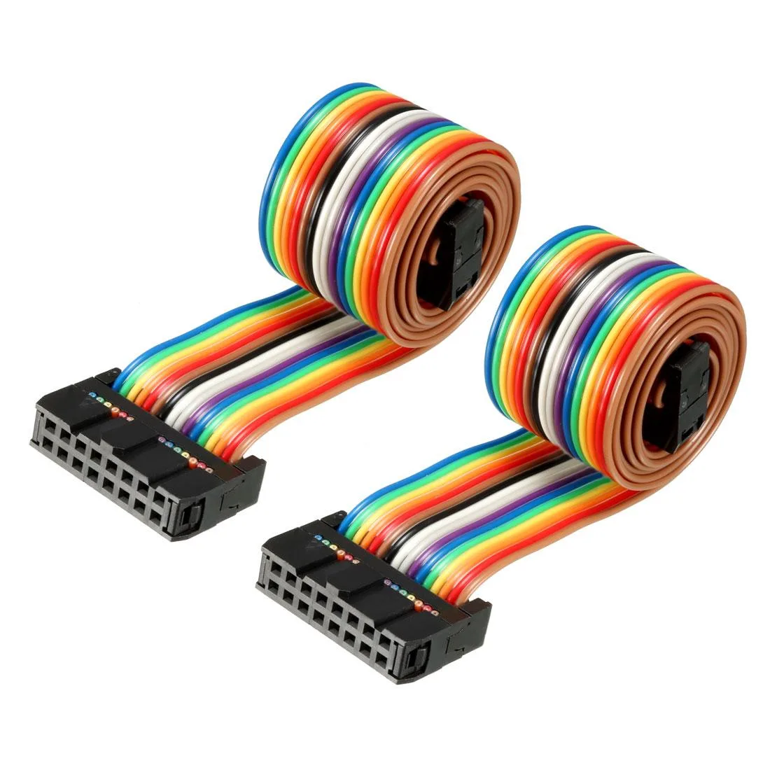 Two flat rainbow ribbon cables with 16-pin female connectors, 48cm long, 2.54mm pitch