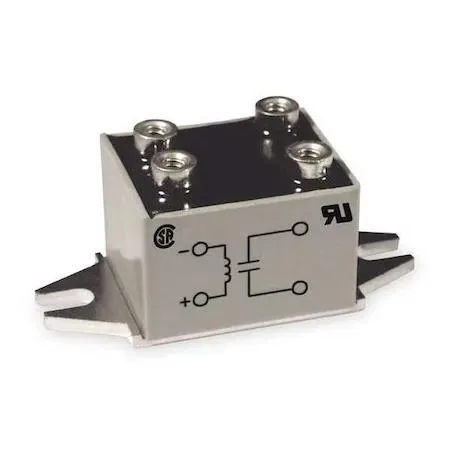 Small black plastic relay housing with screw terminals, about one inch deep and point nine inches high