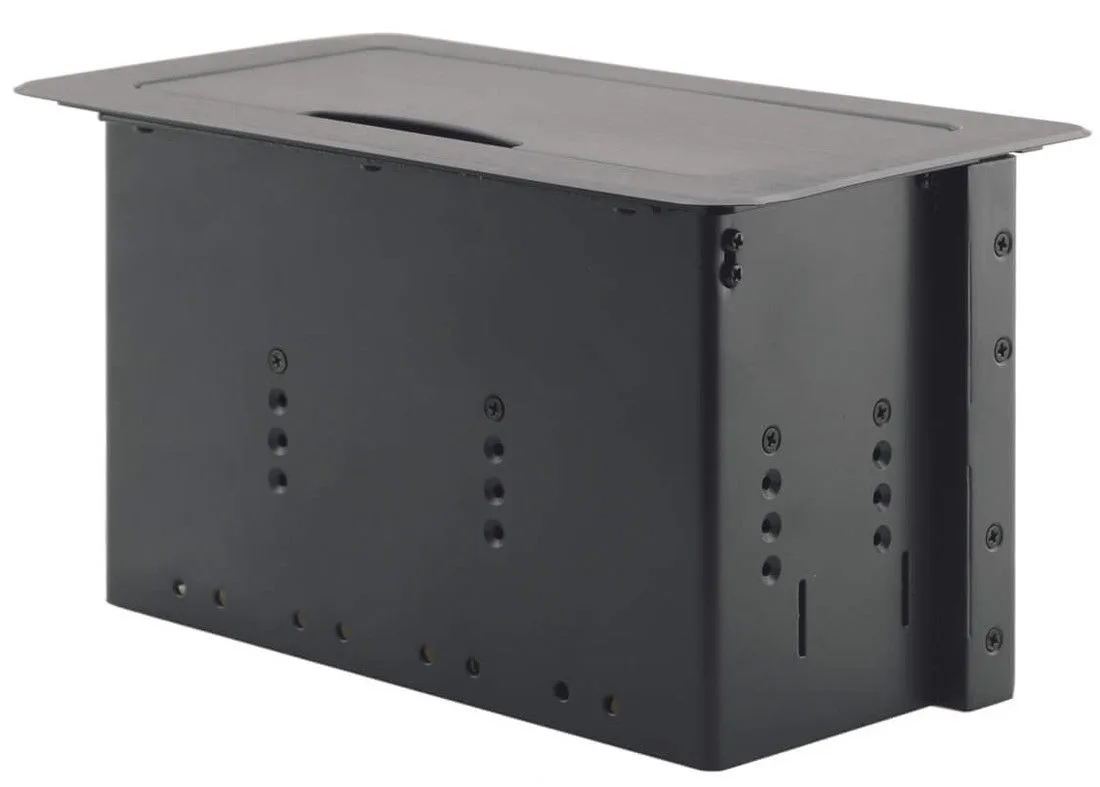 Rectangular table-mount enclosure with manually retractable tilt-up lid, modular multi-connection system