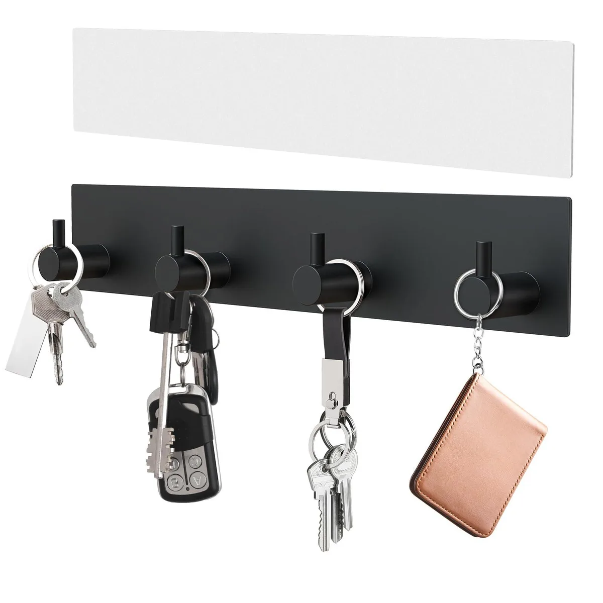 Black stainless steel key holder with four hooks, matte finish