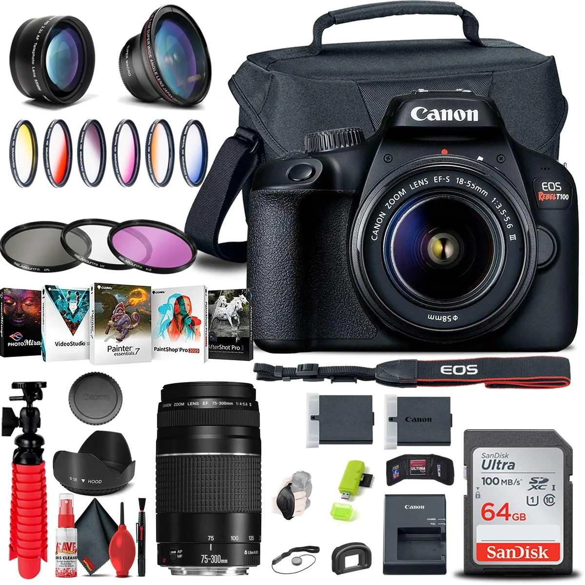 Canon Canon EOS Rebel T100 / 4000D DSLR Camera with 18-55mm + 75-300mm Lens Kit — product photo