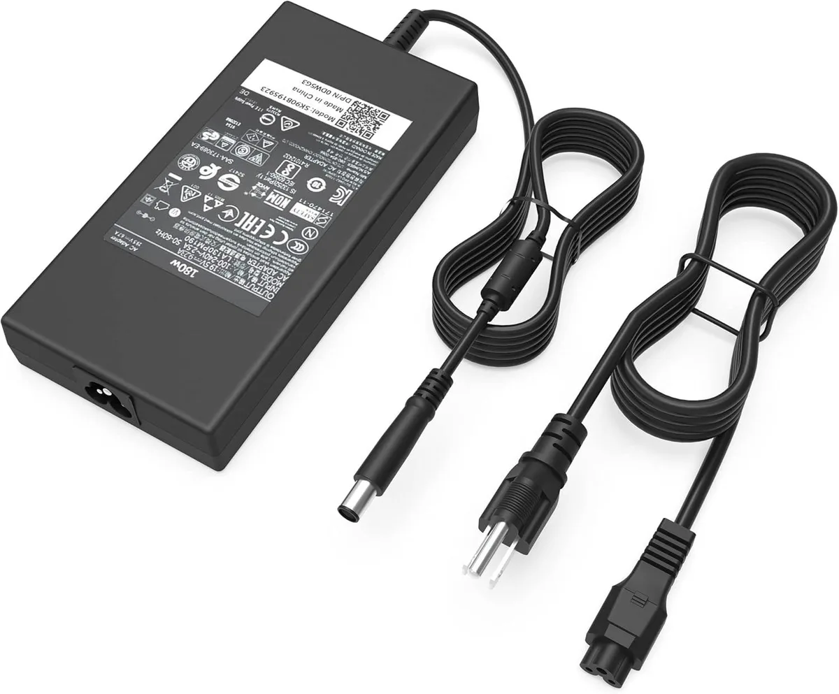 Rectangular black power brick with 7.4mm barrel connector and detachable AC cord