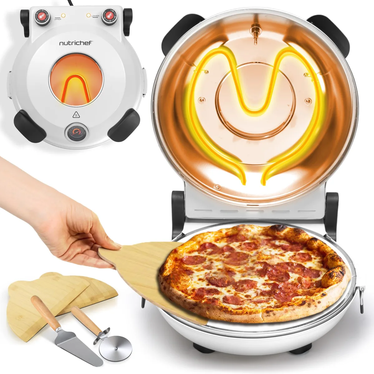 White countertop pizza oven with viewing window and temperature controls