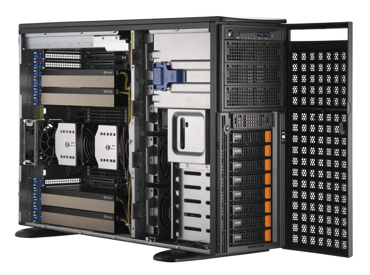Silver 4U tower rackmount server chassis, front panel with drive bays and ventilation