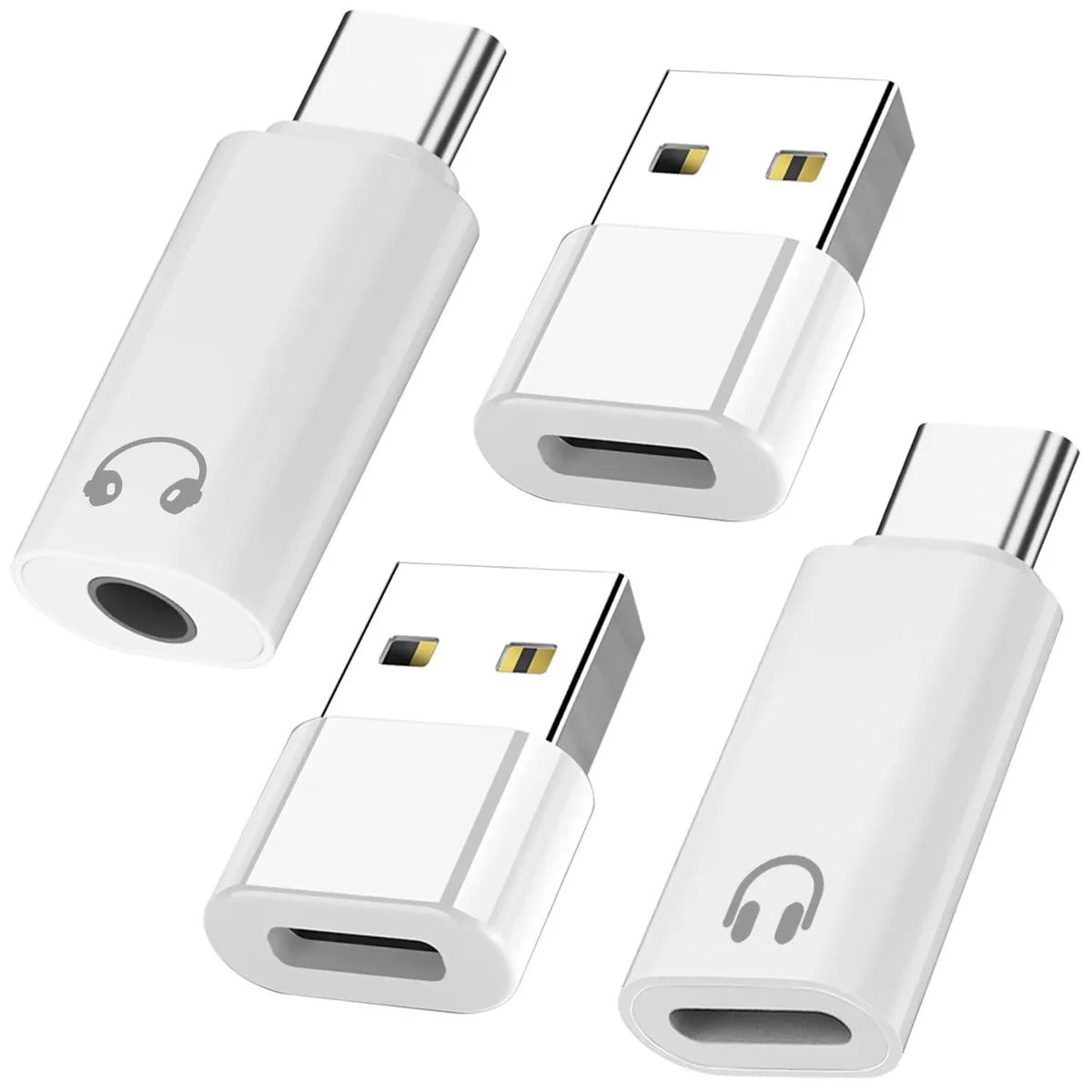 Four white USB-C audio adapters with Lightning and 3.5mm ports