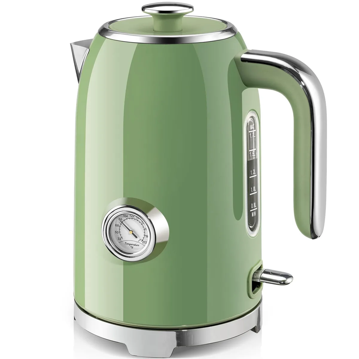 Retro green electric kettle with visible thermometer and stainless steel interior