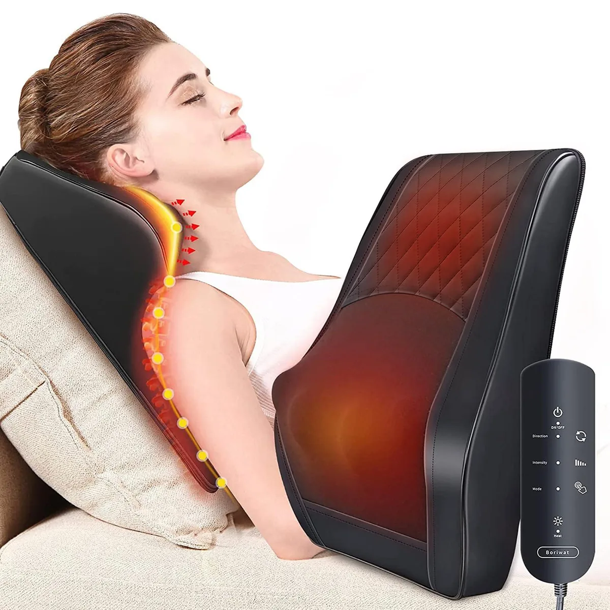 Black rectangular massage pillow with faux leather cover and corded controller