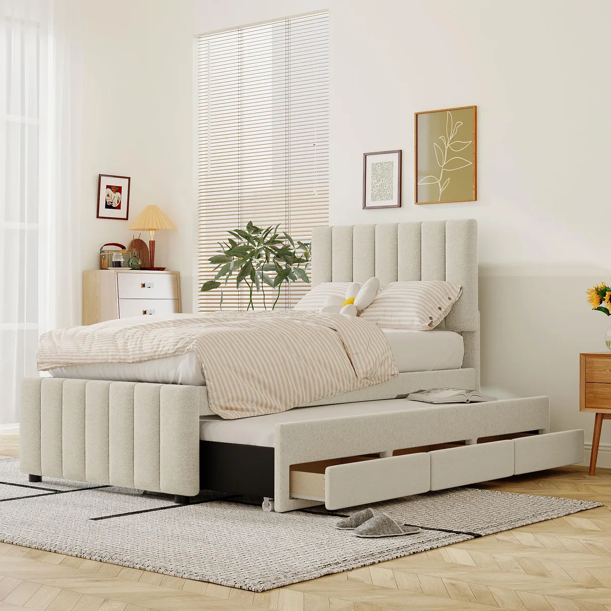 Twin upholstered platform bed in beige linen with trundle and three drawers