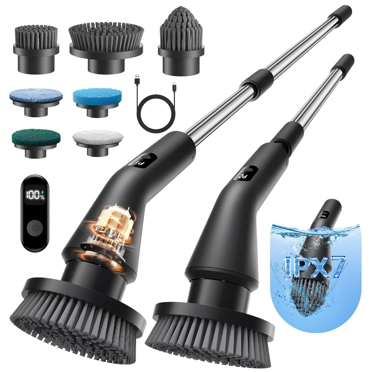 White cordless electric spin scrubber with extendable handle and multiple brush heads